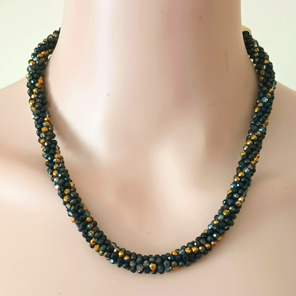 Anne Klein Black & Gold Weaved Necklace 17" Vtg Beaded Collar Choker Jewelry